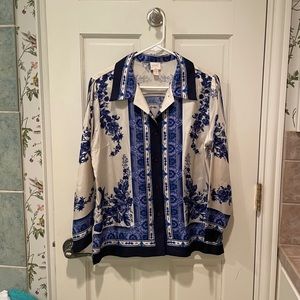 Plenty by Tracy Reese size L blue and white long sleeve silk blouse